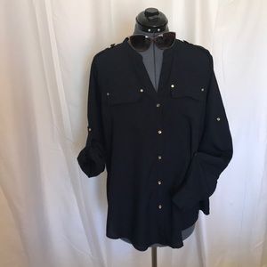 Long sleeve button up blouse in navy